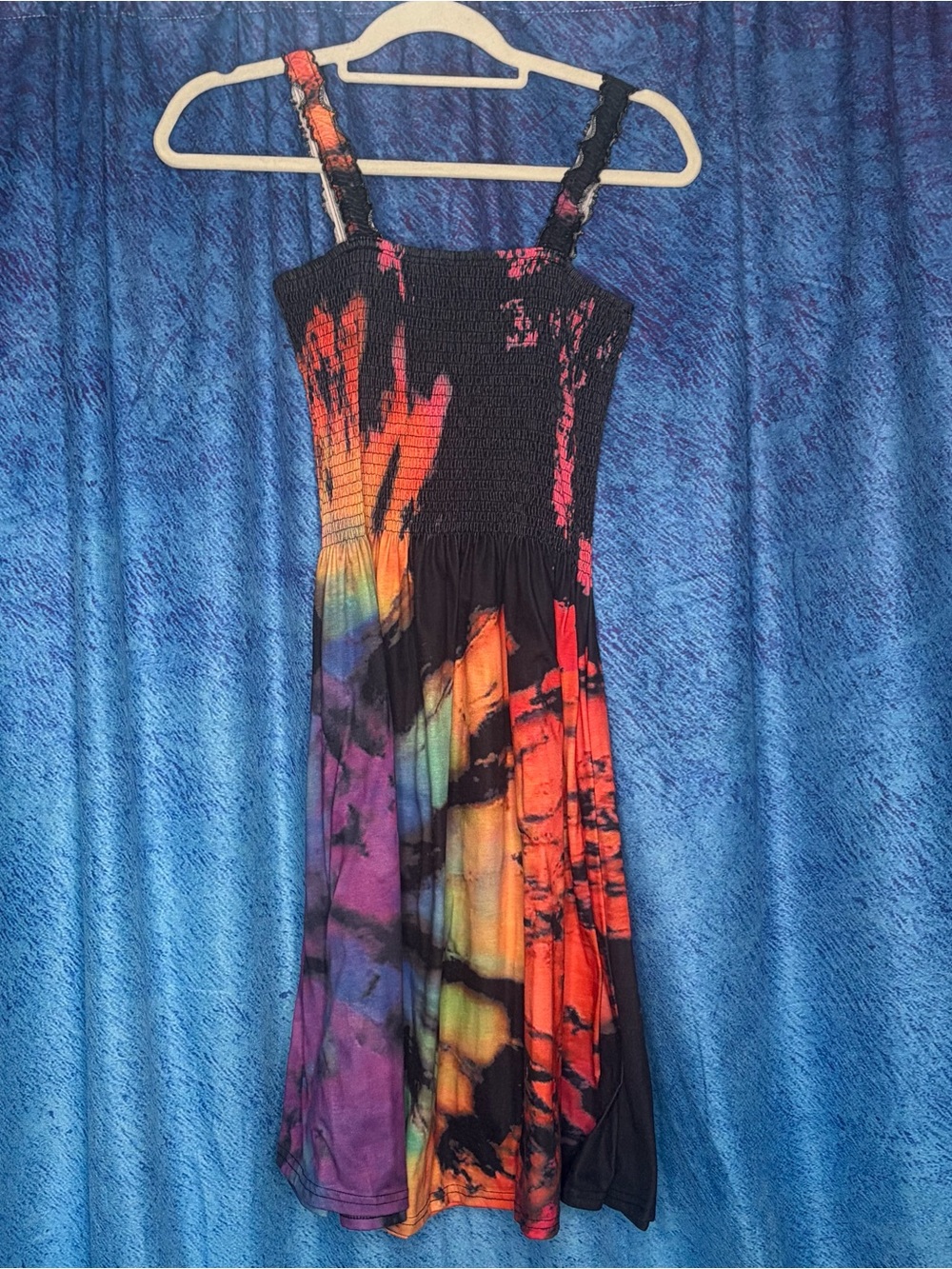 Tie-Dye Rainbow Midi Dress with Smocked Bodice